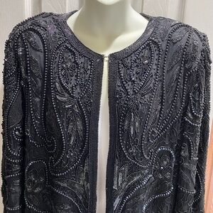 Elegant Black Beaded Cardigan ~ Size Large